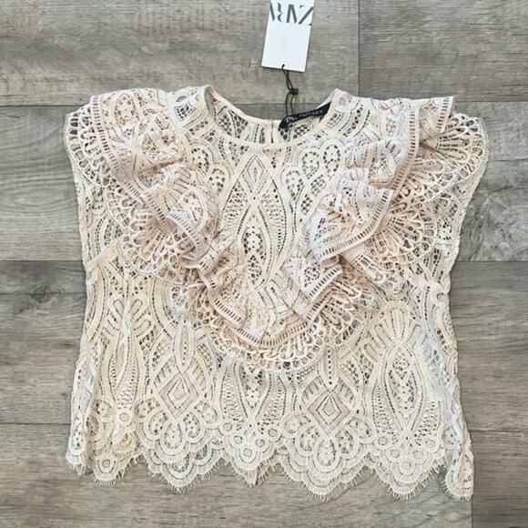 ZARA Ruffled Lace Top NWT Cream Size M - Picture 15 of 16